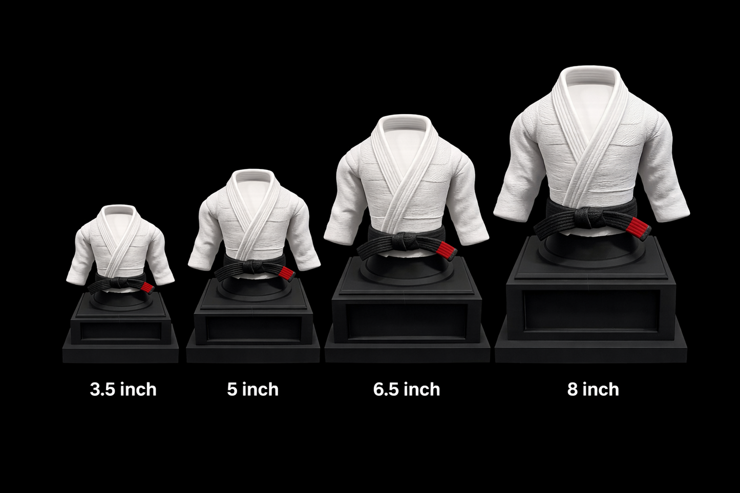 Set of four white martial arts uniforms on black stands with size labels below.