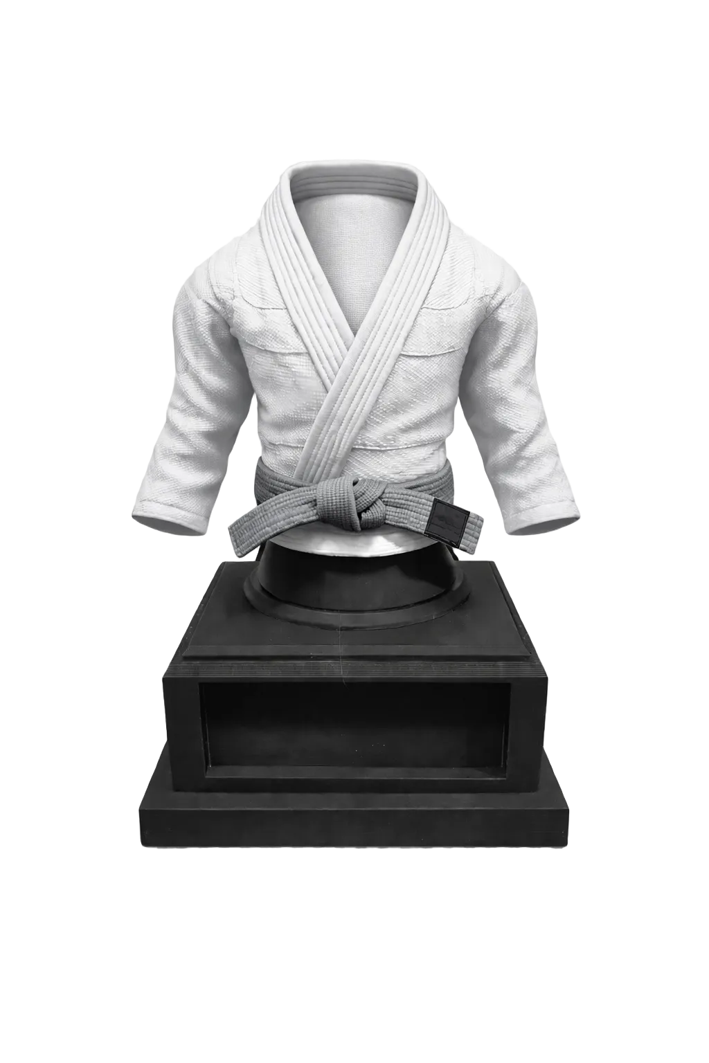 White martial arts uniform with a belt on a black stand against a white background